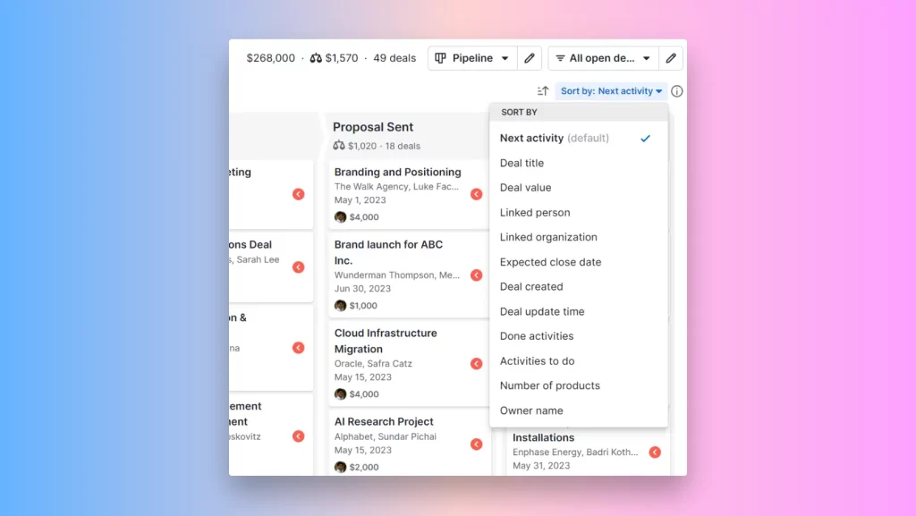 Sort cards in pipeline view in Pipedrive Sort cards in pipeline view in Pipedrive
