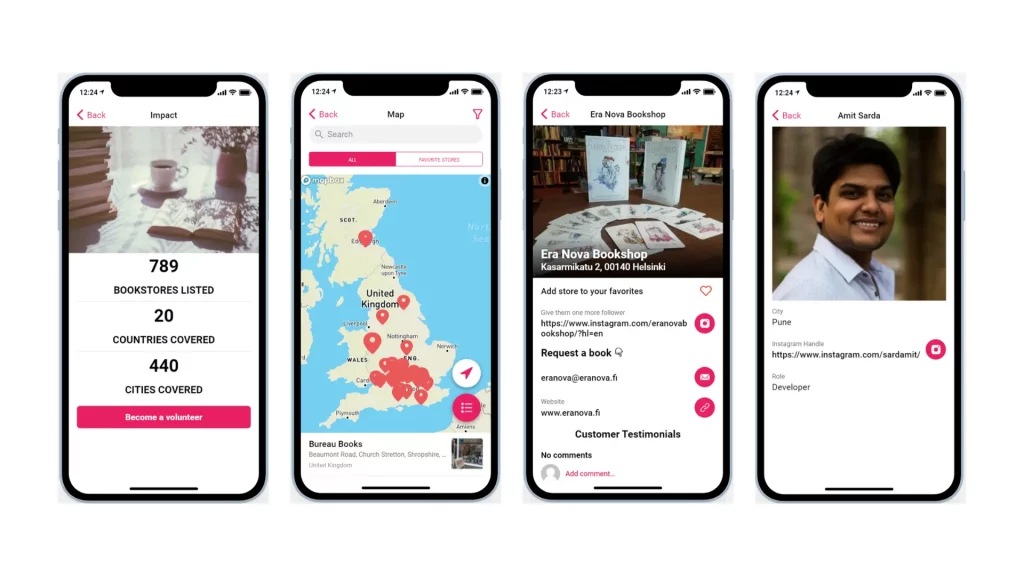 Detailed screens of a directory of Bookstores Detailed screens of a Glide App Example of a Directory of Bookstores