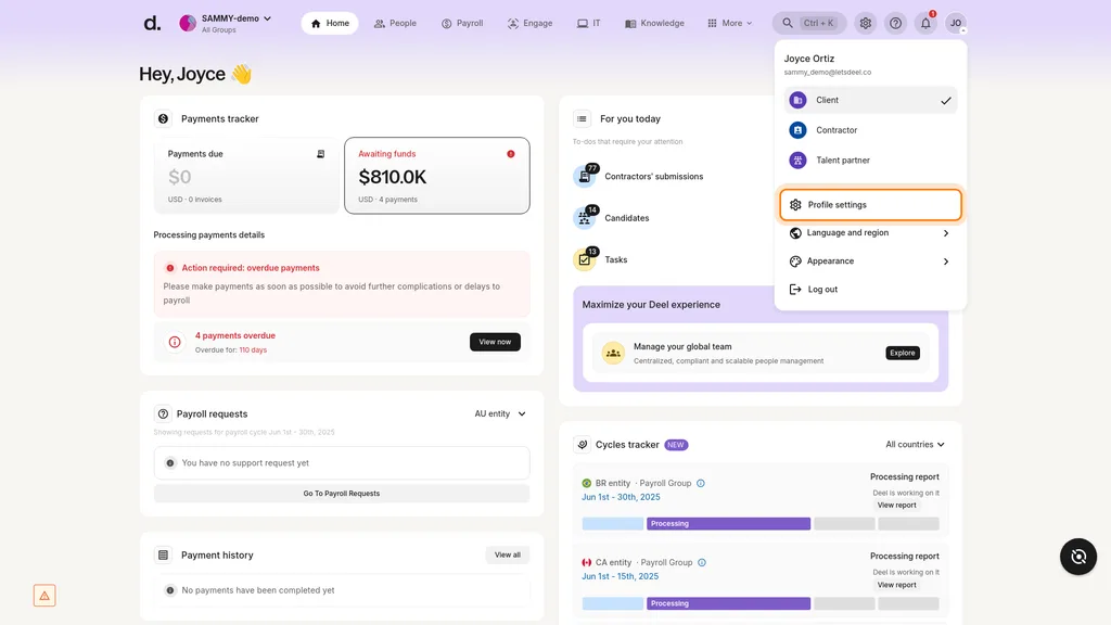Deel platform dashboard showing payments tracker, multi-country payroll cycles, and hiring to-dos in one place, the compliant employment layer of the AI hiring stack