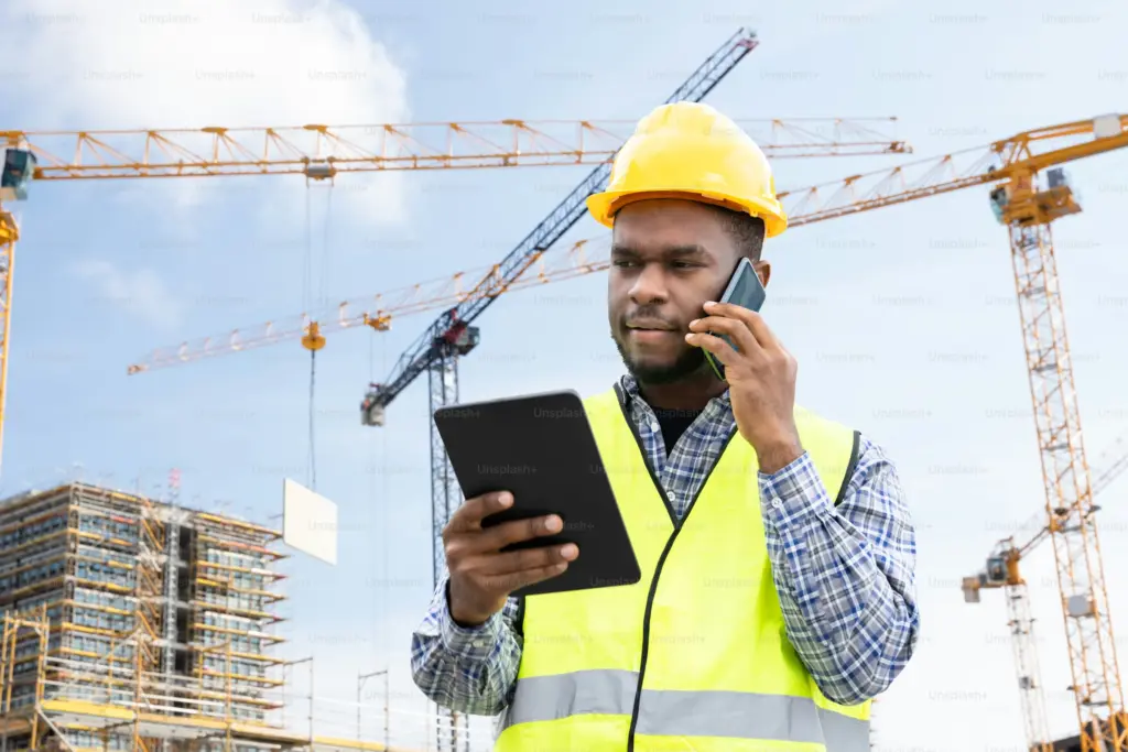 A builder using CRM software for builders on a tablet to manage construction projects and quotes on site