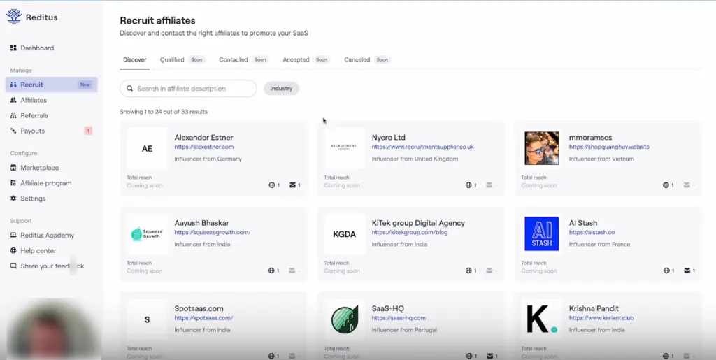 Reditus B2B SaaS affiliate marketplace dashboard filtering active programs