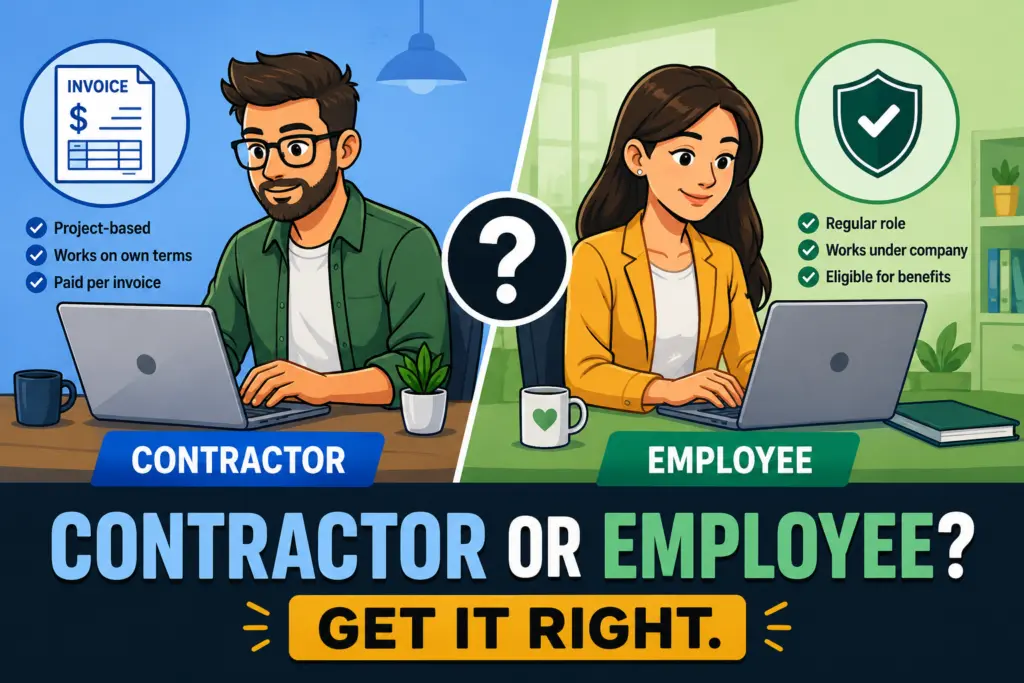 Diagram comparing EOR vs contractor classification showing control, exclusivity, and benefits differences
