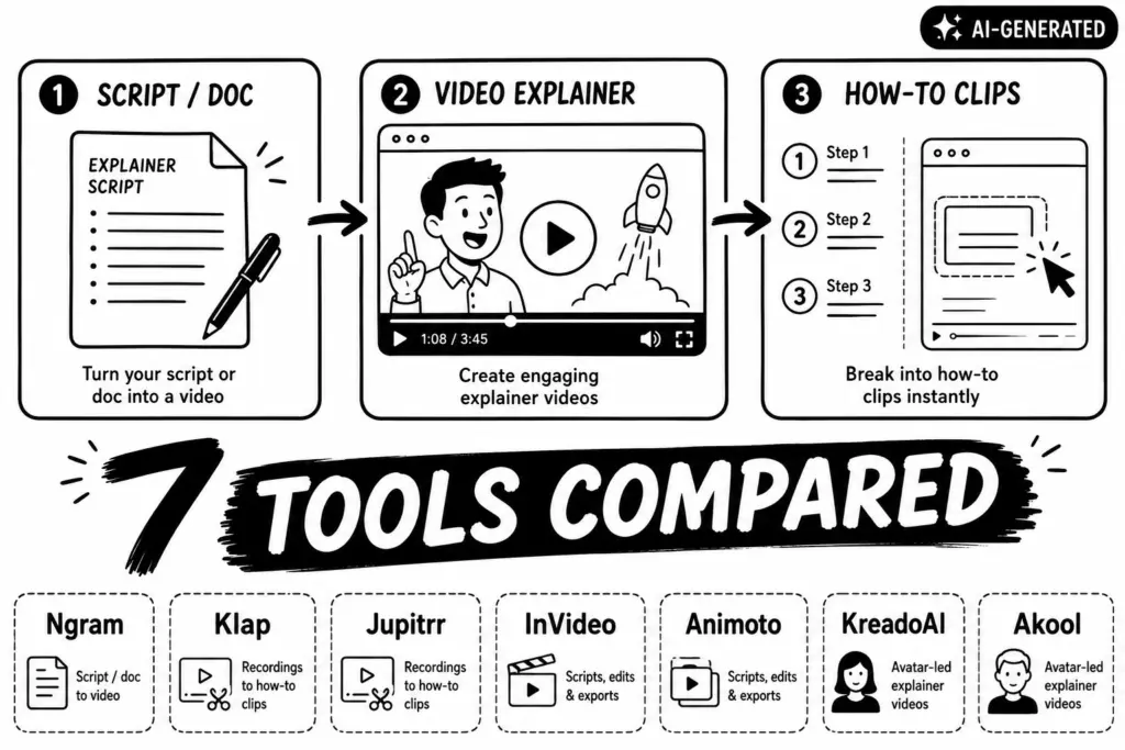 Comparison graphic of the 7 best marketing video maker tools for SMB explainer, how-to, and onboarding videos