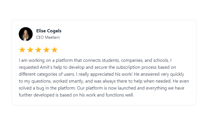 Testimonial for my Glide Apps Development service from Elise Cogels, founder of Meetern.