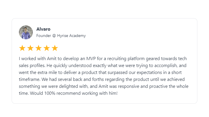 Testimonial for my Glide Apps Development service from Alvaro Rojas, founder of Hyrise Academy.